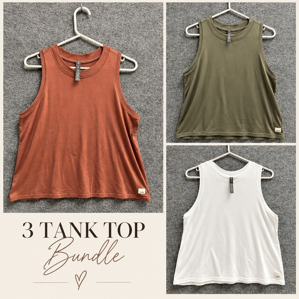 Vuori Rise Shine Muscle Tank Top Bundle of Womens Large Brown Green White 3 Pack